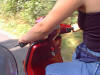 Photo of Bec taken by me from in her sidecar in the Cheshire Countryside
